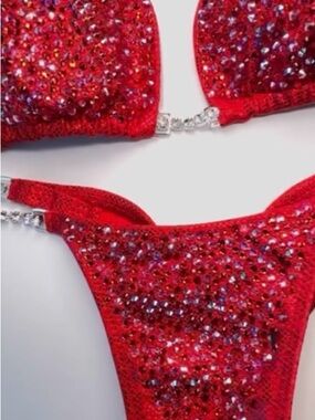 Red Crystal Embellished Bikini Set - Sparkling Red Swimwear